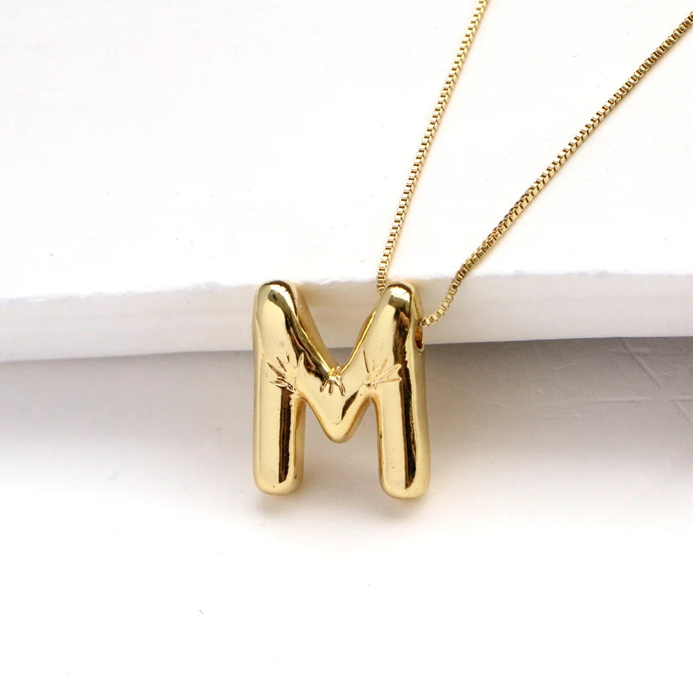 Gold Plated Copper Chunky Alphabet Balloon Bubble Initial Letter Pendant Necklace for Women Men Boy Fashion Jewelry - Uknowucme