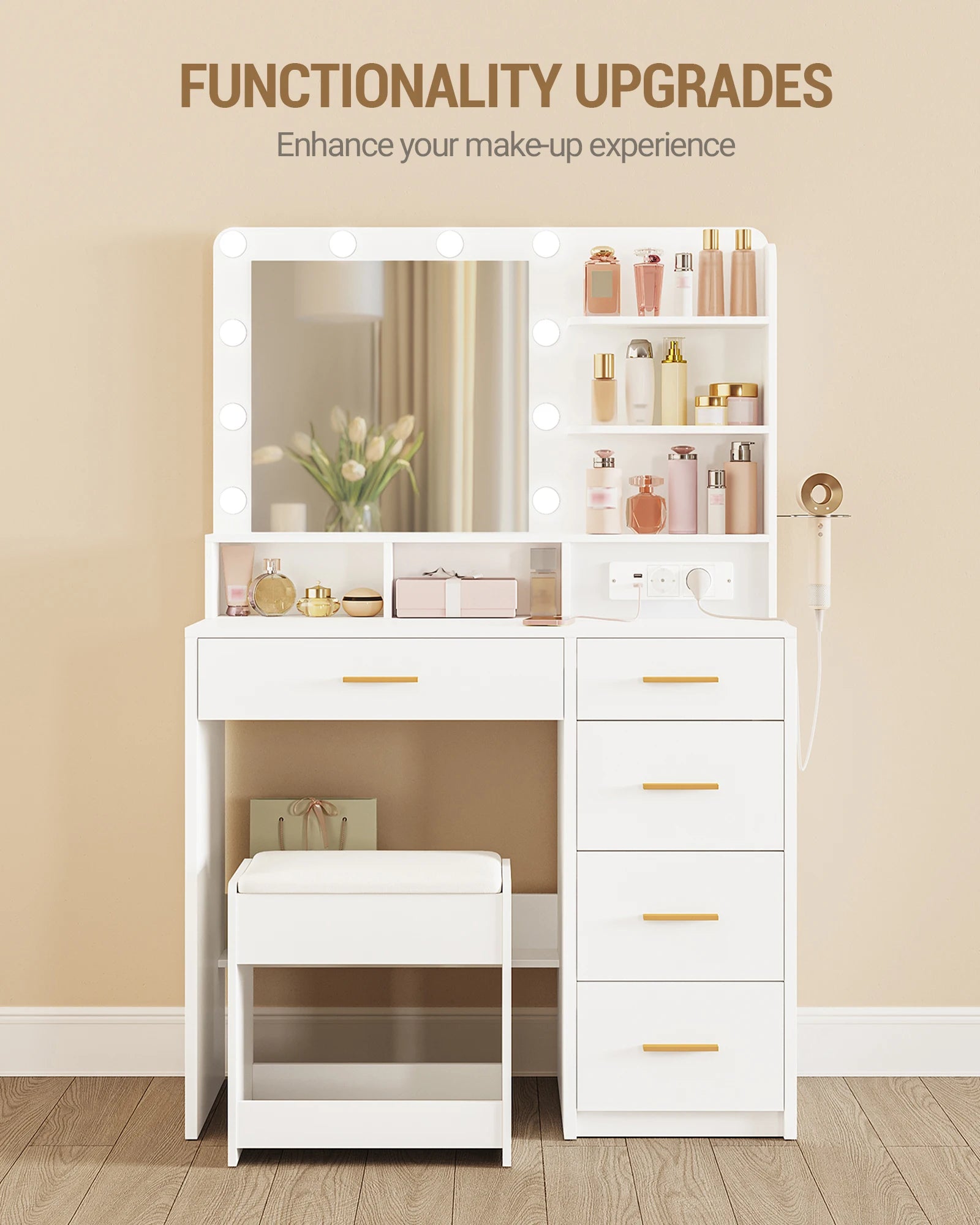 Dressing Table with 10 LED Light Balls, 3 Colors, Dressing Table with Plug and Large Mirror, Stool and Hairdryer Holder, White - Uknowucme
