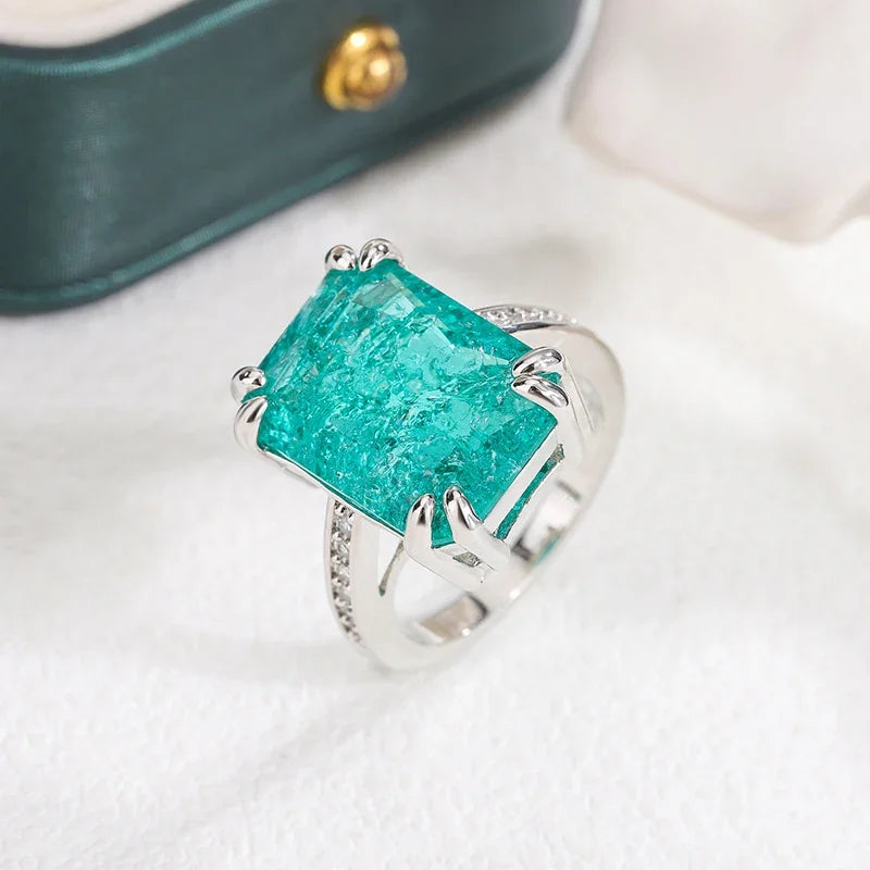 925 Silver Plated Exquisite Blue Green Moissanite Ring Fire Sparkling Luxury Open Ring Female Party Birthday Jewelry Gift - Uknowucme