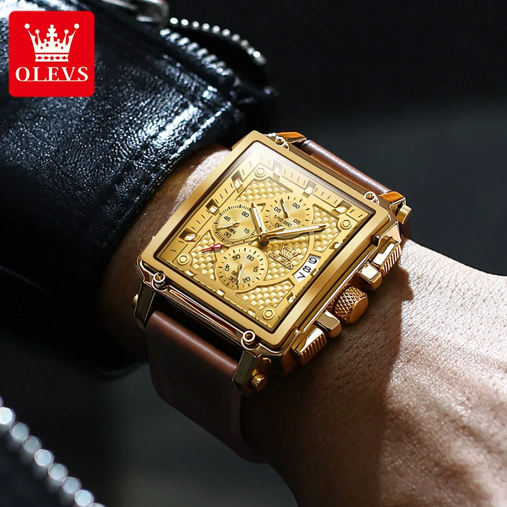 OLEVS Brand 9925 Men's Watches Gold Square Dial Quartz Male Watch Original Leather Strap Fashion Watch 30m Waterproof Top Ten - Uknowucme