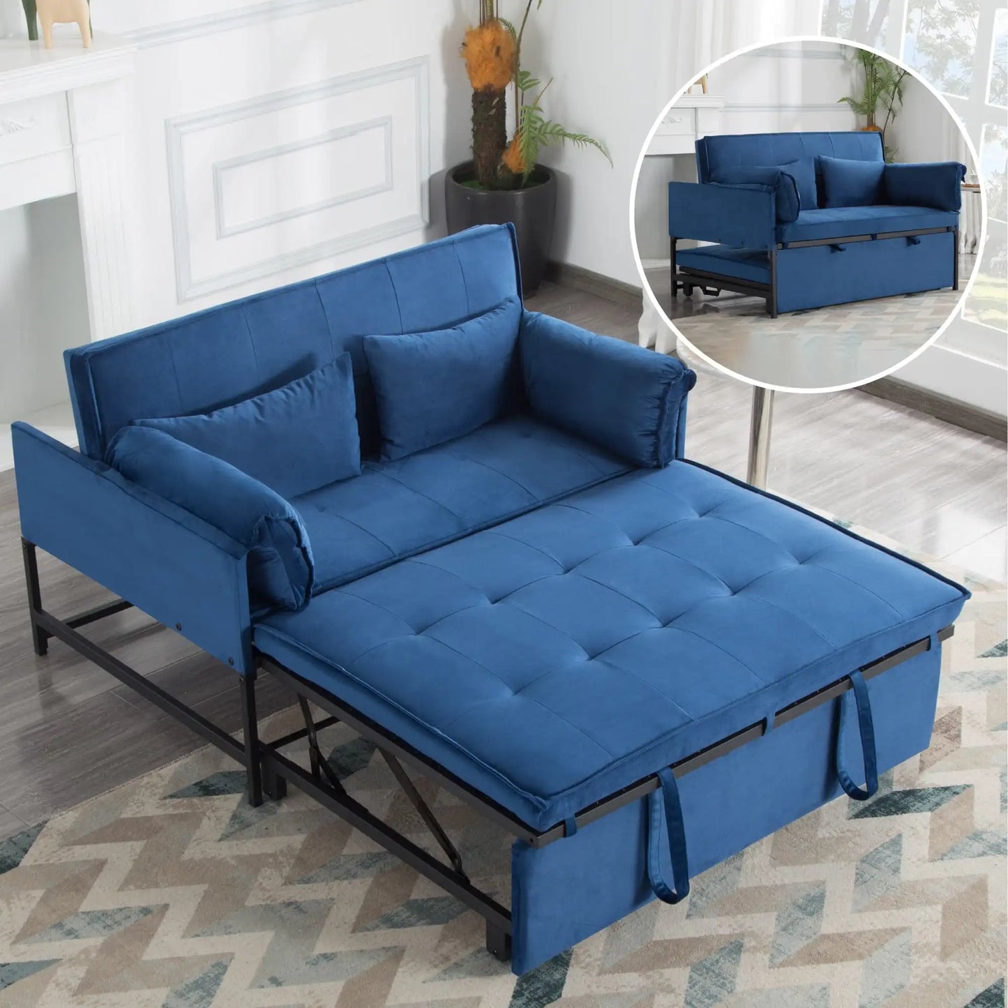 BSHTI Fold out Sleeper Sofa Bed,Durable Metal Frame,Velvet Upholstery,Conversion Sofa With 5 Adjustable Reclining Positions