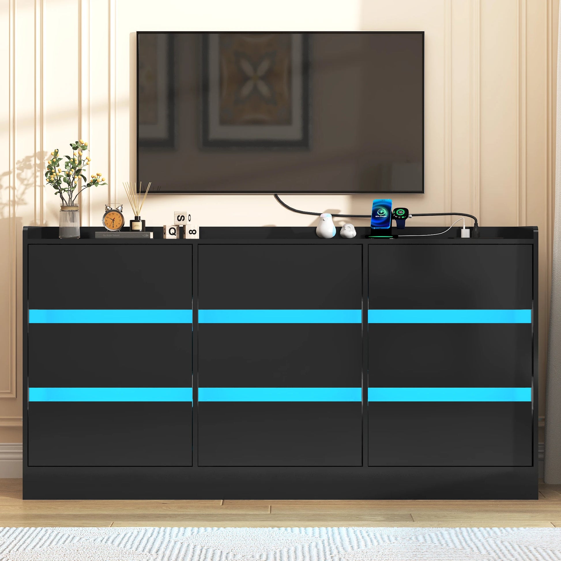 9 Drawer Dresser with Power Outlet & LED Light, Modern Chest of Drawers for Closet, 63" Drawer Organizer Cabinet for Bedroom - Uknowucme