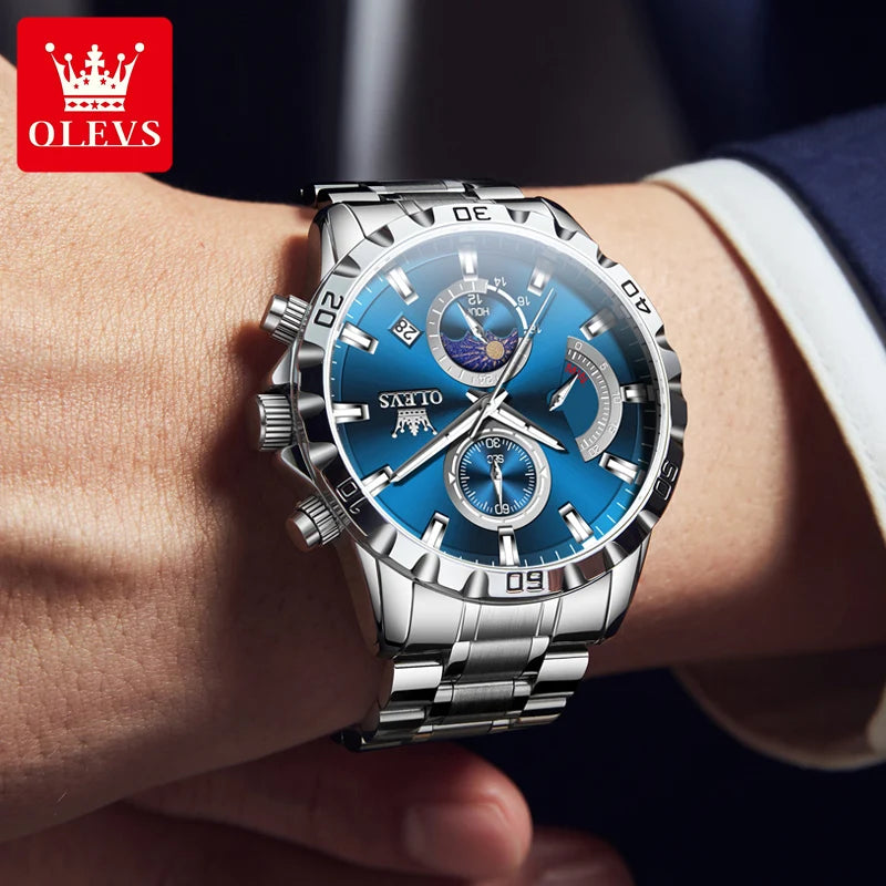 OLEVS 2953 Exclusive Design Men's Watches Full Stainless steel Moon Phase Waterproof Chronograph Quartz Watch for Men Genuine - Uknowucme
