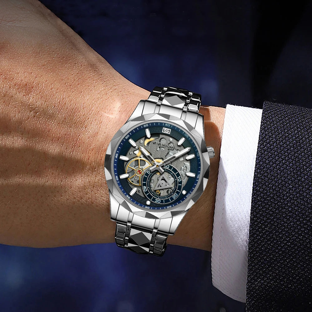 VA VA VOOM Stainless Steel Mens Quartz Watch With 41mm Hollowed Out Dial Quartz Movement Luminous Gold Luxurious Men Wristwatch - Uknowucme