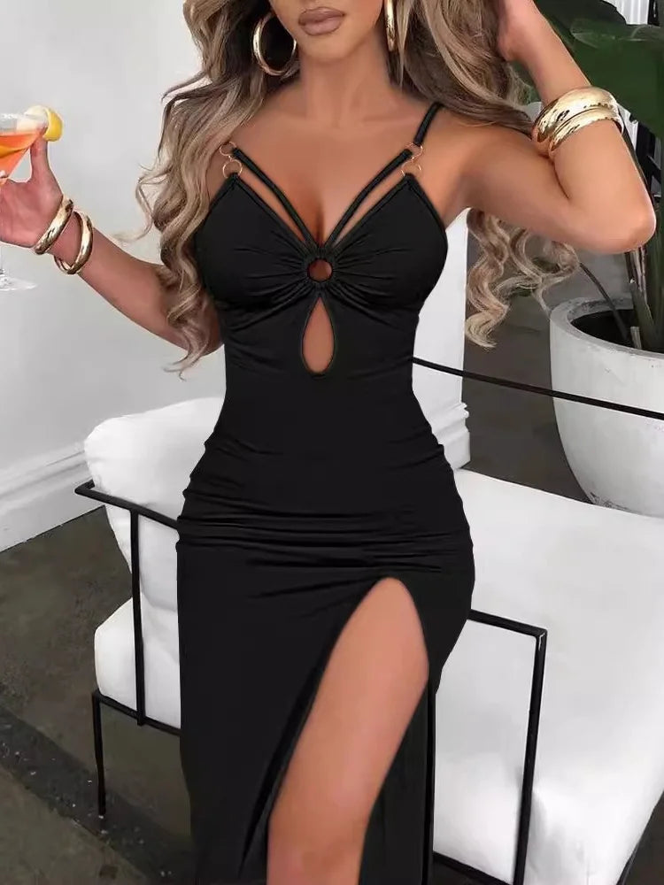 Womens Maxi Dresses Summer Trend 2024 Ladies Sexy O-ring Decoration Spaghetti Straps Hollow Out High Silt Vacation Party Dress - Uknowucme