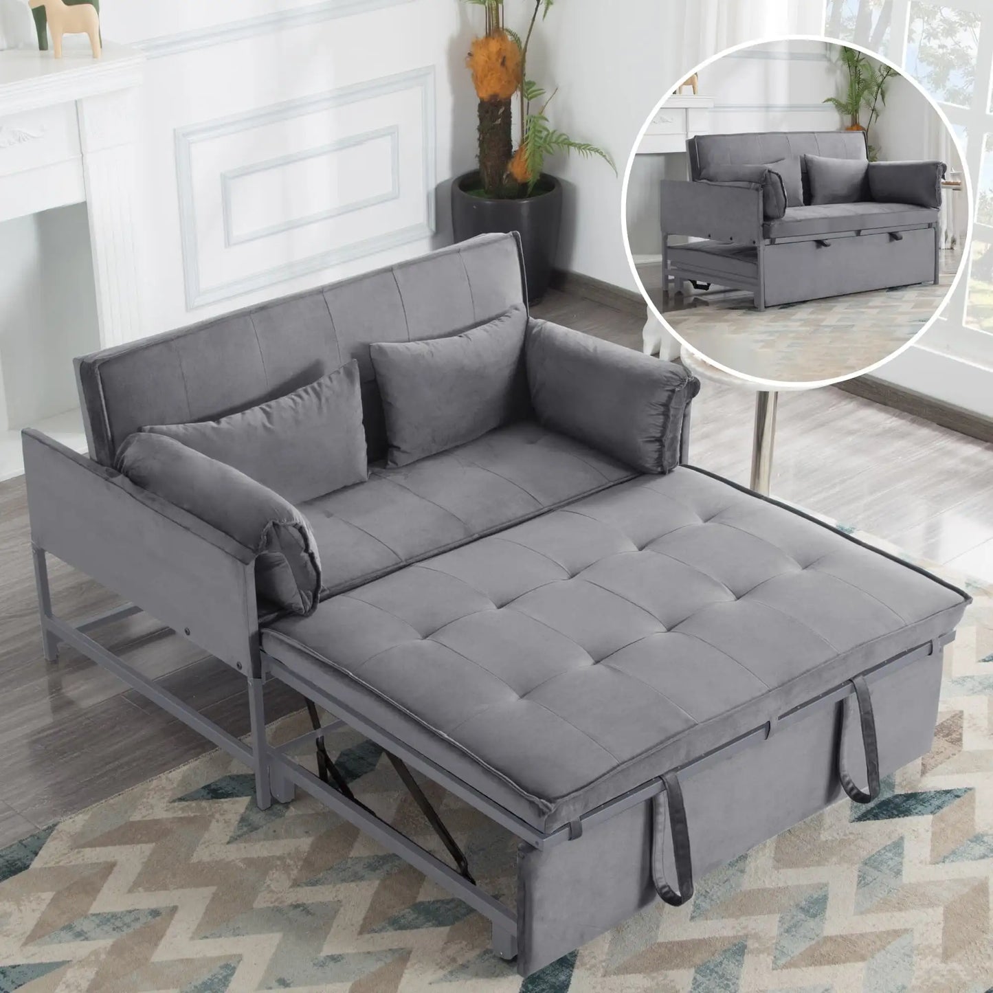 BSHTI Fold out Sleeper Sofa Bed,Durable Metal Frame,Velvet Upholstery,Conversion Sofa With 5 Adjustable Reclining Positions