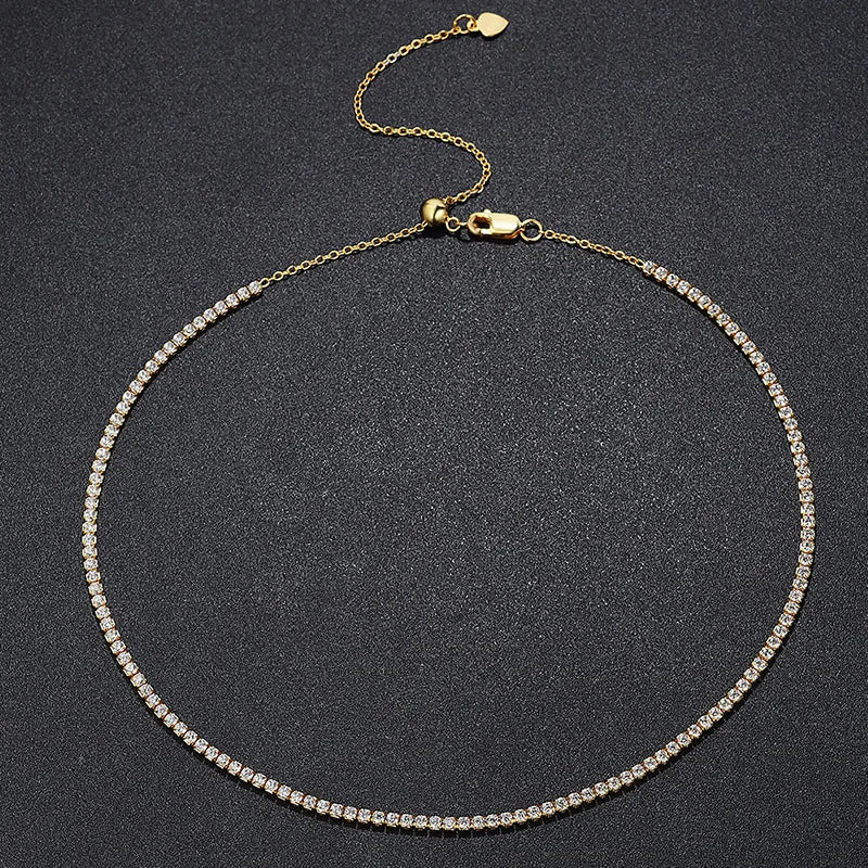 2mm Moissanite Tennis Necklace For Women S925 Silver Plated 18K Gold Sparking Rhinestone Choker Chain Wedding Jewelry Adjustable - Uknowucme