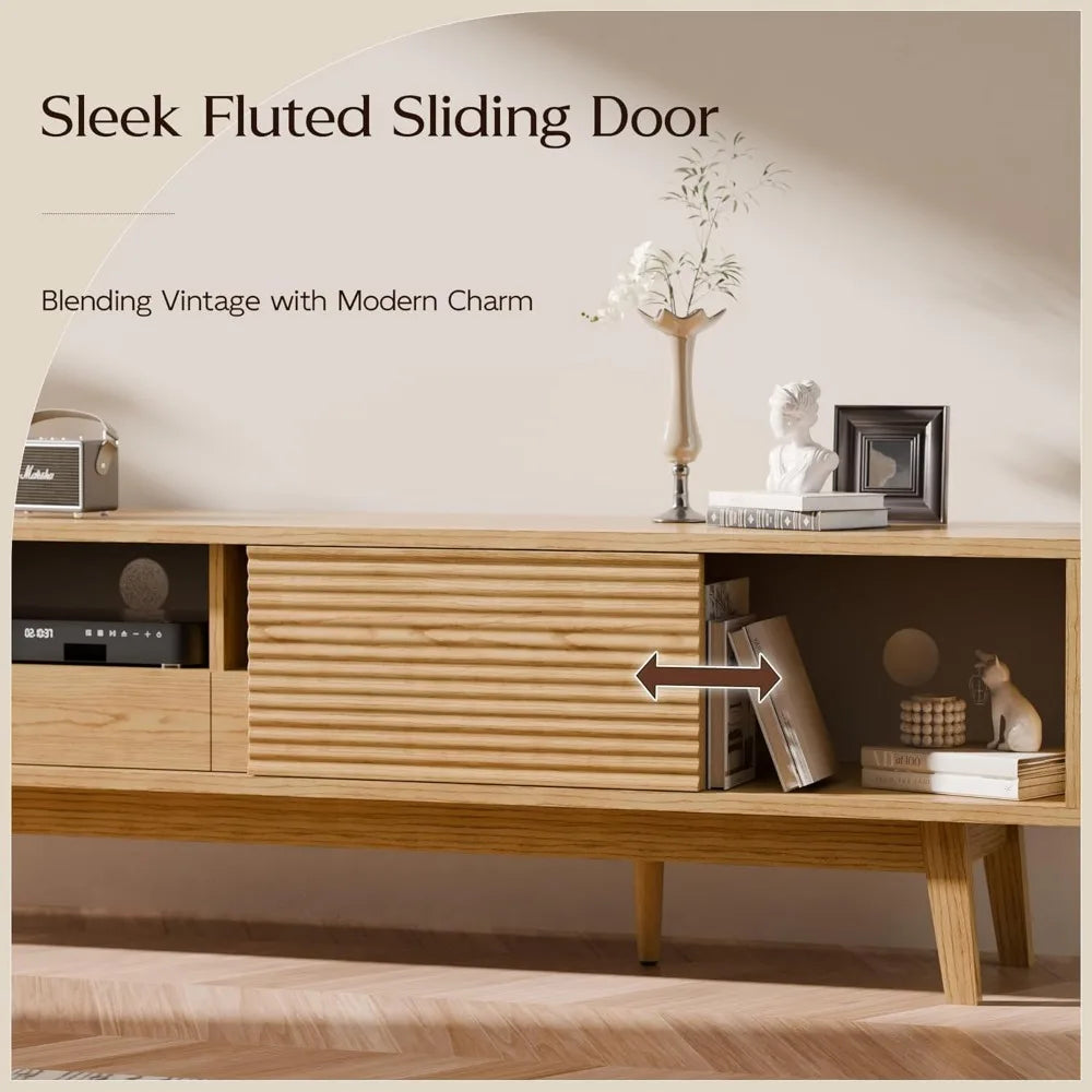 70" TV Console, Mid Century Modern Media Console for 55/65/75 Inch TV, Low Profile TV Stand with Fluted Sliding Doors, Boho Ligh