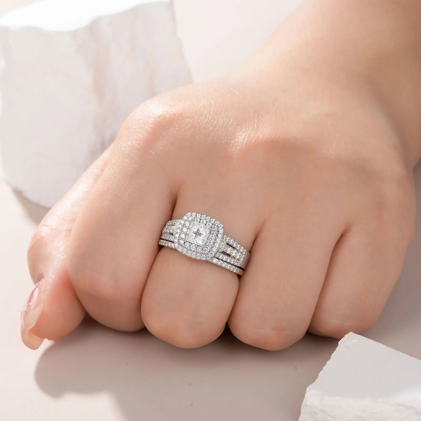 Newshe Luxury 925 Sterling Silver Halo Wedding Ring Set for Women Elegant Jewelry Princess Cross Cut Simulated Diamond Rings - Uknowucme