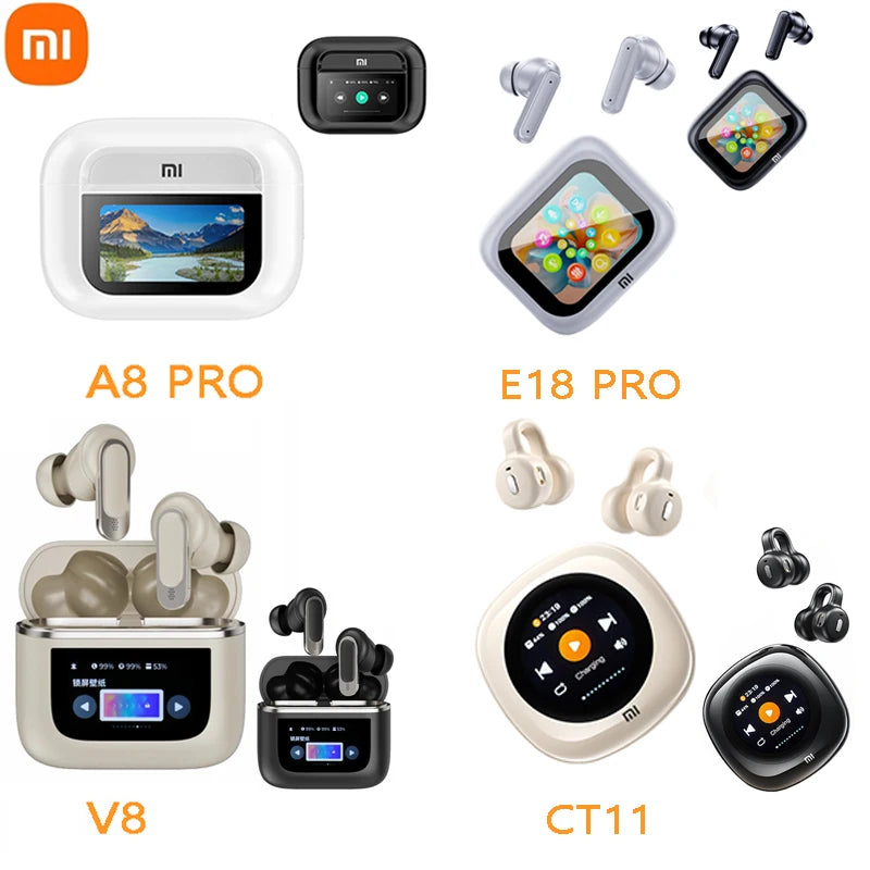 Xiaomi A8 PRO/E18 PRO/V8/CT11 Noise Cancelling Headphones LCD Wireless Earbuds Bluetooth Smart Touchscreen Earphones With Box