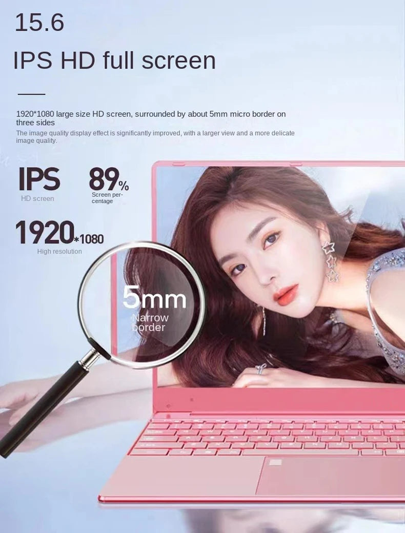 15.6 Inch Pink Laptop Windows 11 10 Pro 1920*1080 Portable Intel Laptop D4 12G RAM 128GB/256GB/512GB/1TB SSD HDMI Port - Uknowucme