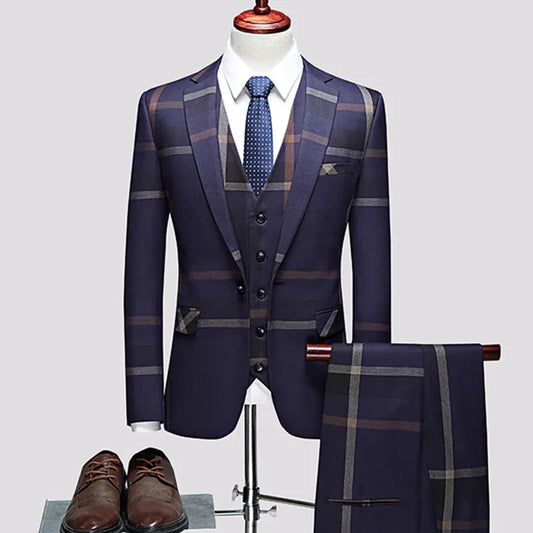 3 Pcs Suits Set Coat Vest Pants / 2023 Fashion Men's Casual Boutique Business Plaid Slim Formal Dress Blazers Jacket Waistcoat