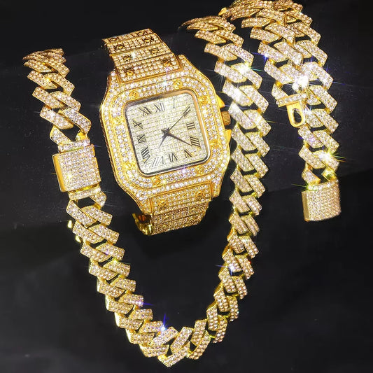 3pcs Men's Watch Set Hip-hop Punk Inlay Diamond Square Watch+Cuban Chain+Bracelet Comes With Strap Adjuster Stylish Jewelry Gift - Uknowucme