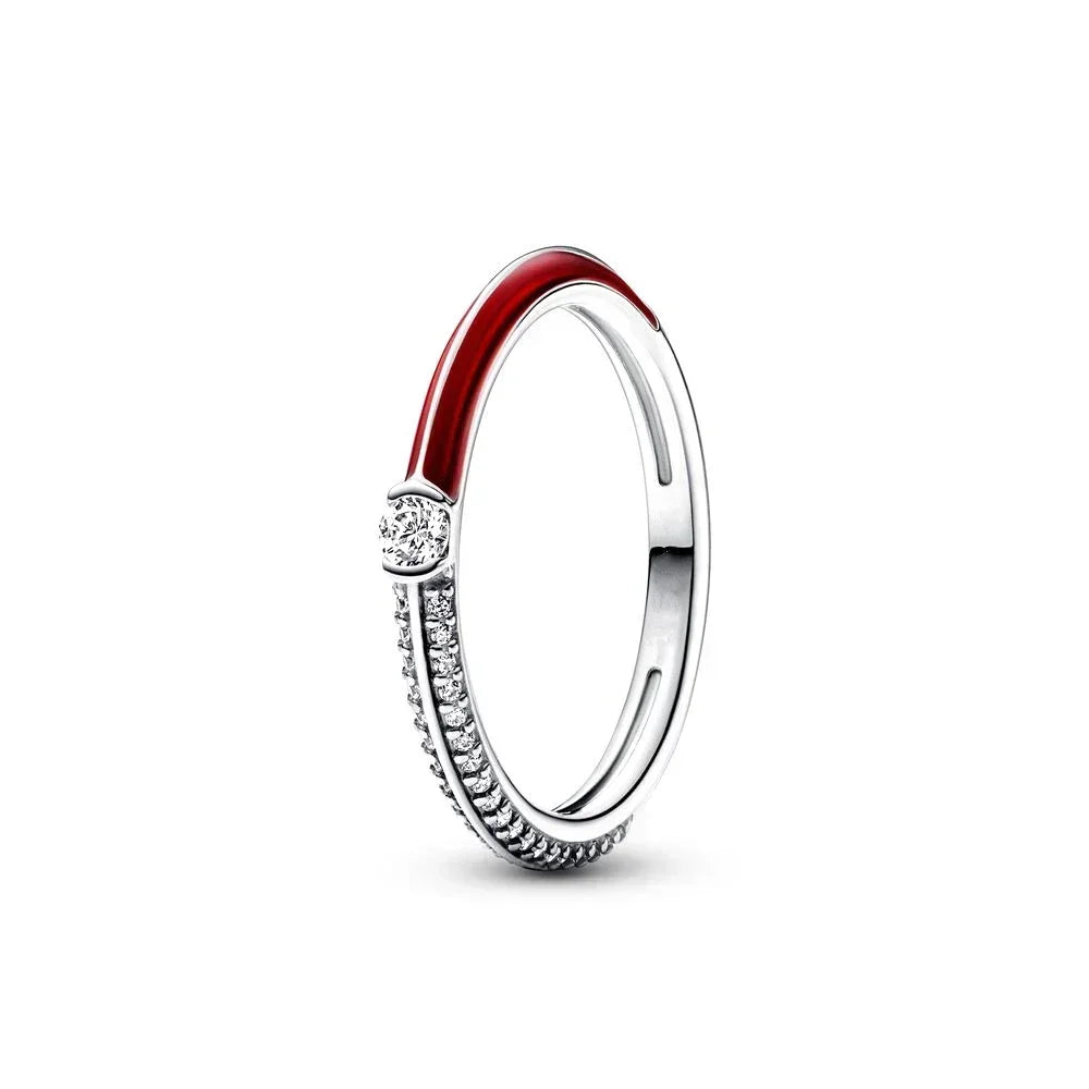 New High Quality 925 Sterling Silver pretty Radiant Heart Pavé Signet Ring Sparkling Wave ME Pavé & Red Dual Ring DIY Gift - Uknowucme