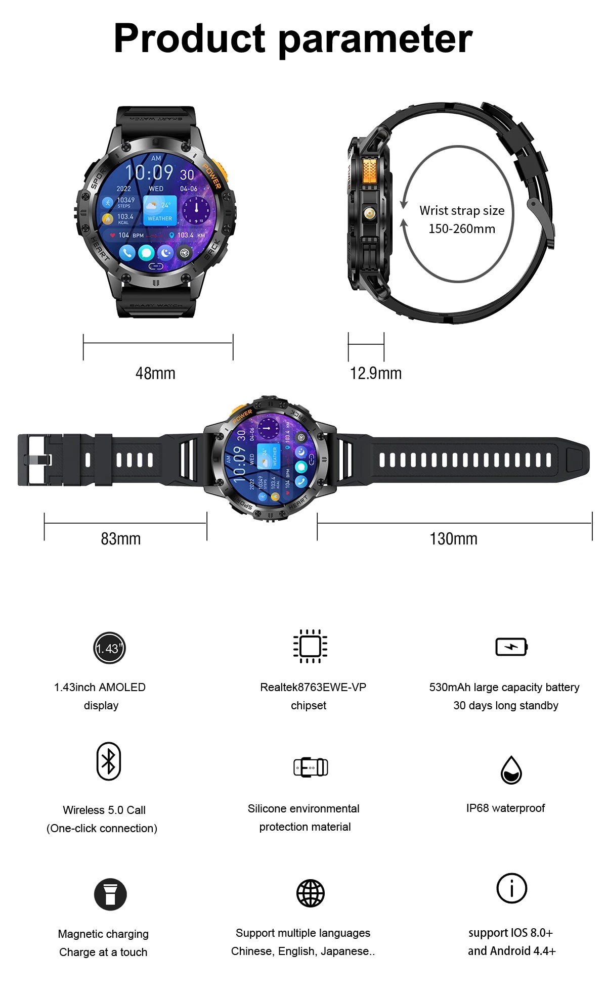 For Android ios New AMOLED Smart Watch Men with Flashlight Sports Waterproof Fitness Tracker Bluetooth Call Smartwatch Man+Box - Uknowucme