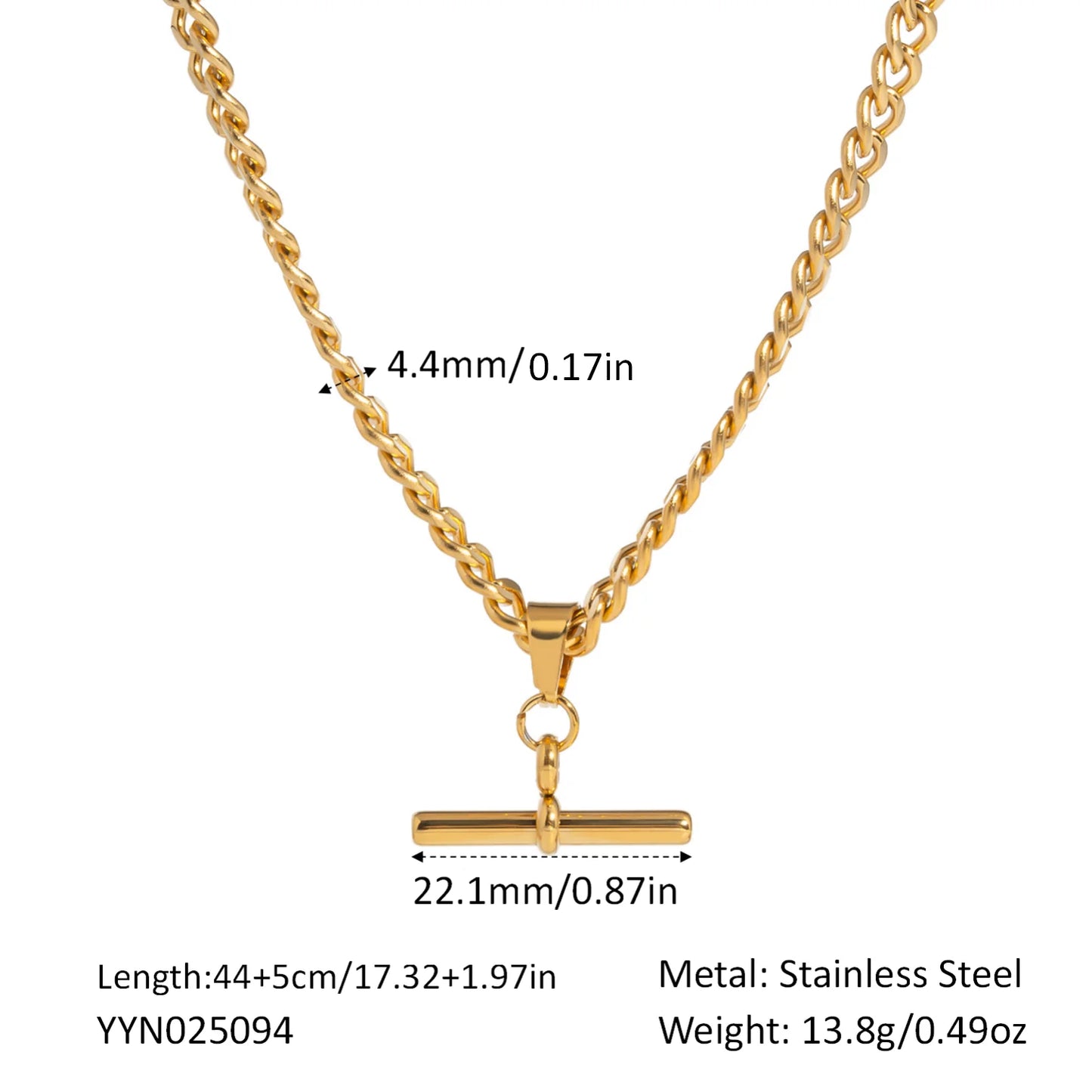 18K Gold Plated Figaro Cuban Chain T-bar Pendant Necklace for Women Stainless Steel Waterproof Party Charm Jewelry - Uknowucme