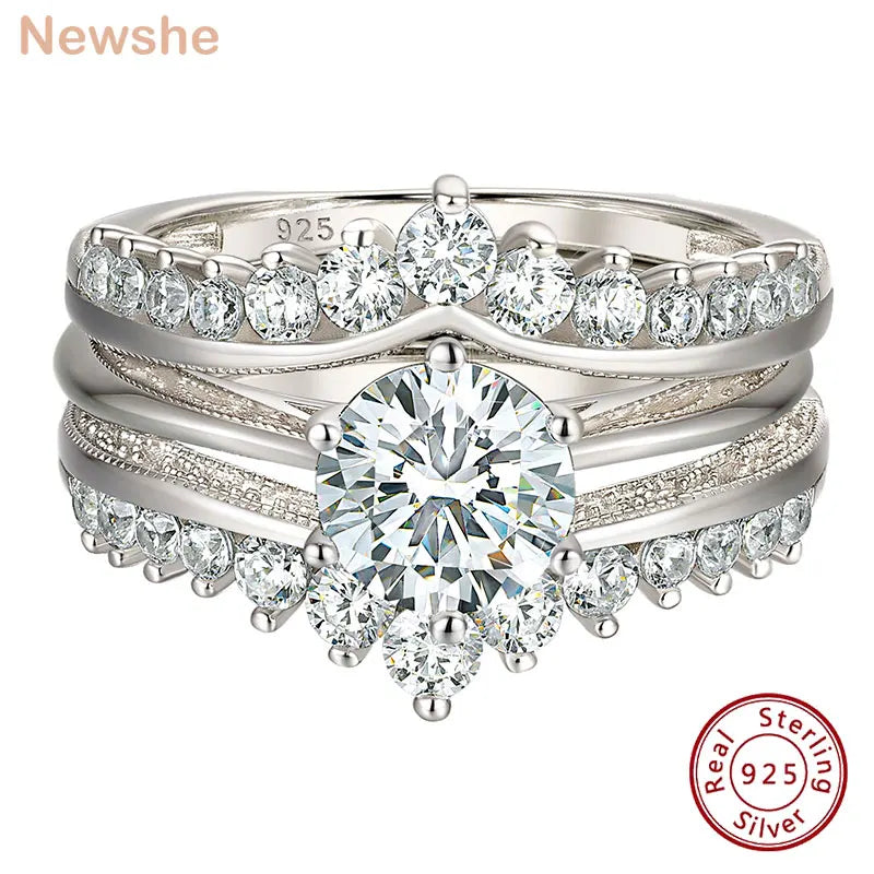 Newshe Luxury Solid 925 Sterling Silver Wedding Engagement Rings for Women High Grade Cubic Zircon Guard Band BR1167 - Uknowucme