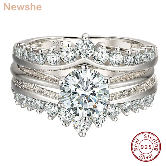 Newshe Luxury Solid 925 Sterling Silver Wedding Engagement Rings for Women High Grade Cubic Zircon Guard Band BR1167 - Uknowucme