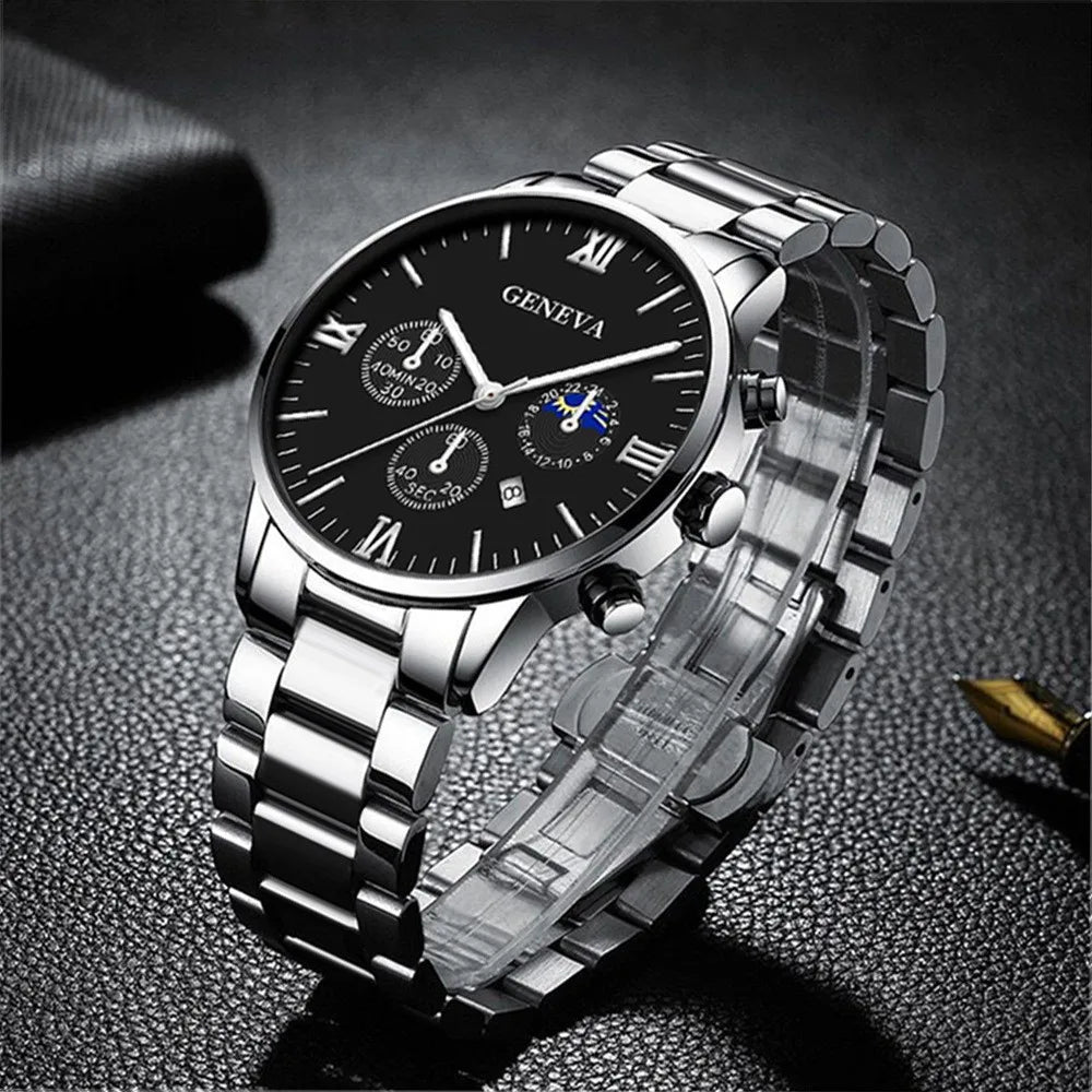 Fashion Roman Scale Quartz Wristwatch 4pcs Set Men Business Watch Fake Three Eyes Calendar Cross Necklace Bracelet Ring Set - Uknowucme