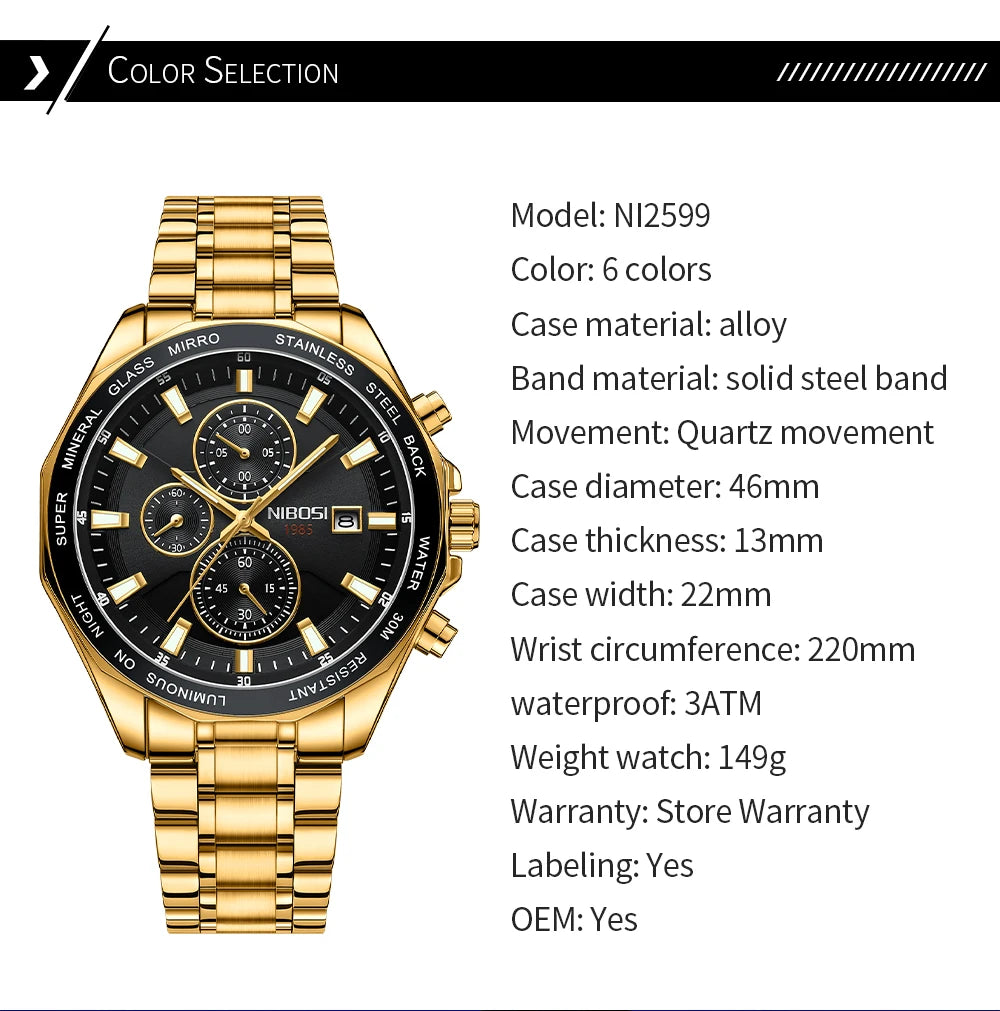 NIBOSI Fashion Big Watch Stainless Steel Top Brand Luxury Sport Chronograph Quartz Watches For Men Wristwatch Relogios Masculino - Uknowucme