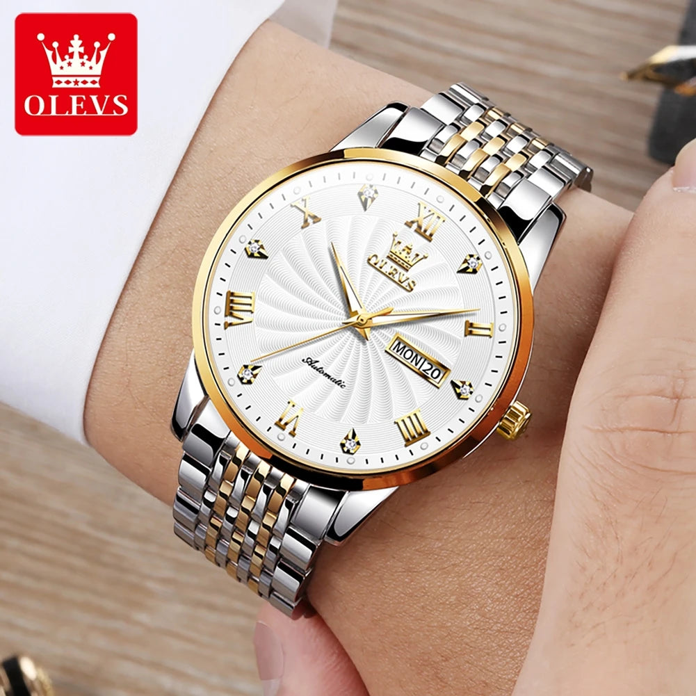 OLEVS Top Brand Automatic Mechanical Men Watch Threaded Dial Waterproof Stainless Steel Strap Classic Men's Watches Luxury