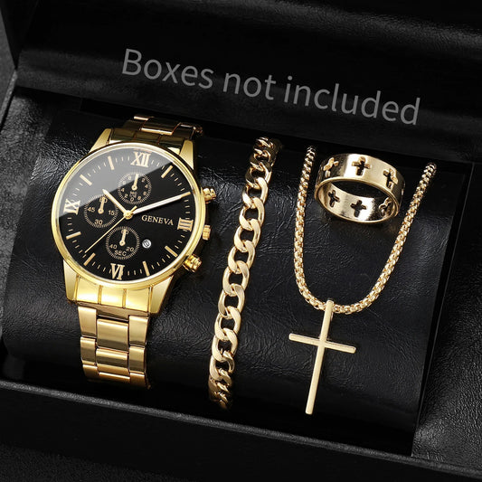 4PCS/Set Luxury Men's Calendar Watch Fashion Roma Dial Men Business Quartz Watches Jewelry Set Reloj Hombre（Without Box） - Uknowucme