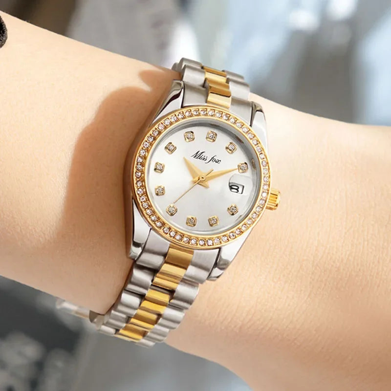 Iced Out Watch for Women Fashion Ladies Watches Diamond Bezel Quartz Wristwatch Female Gold Steel Reloj Mujer Waterproof Clock