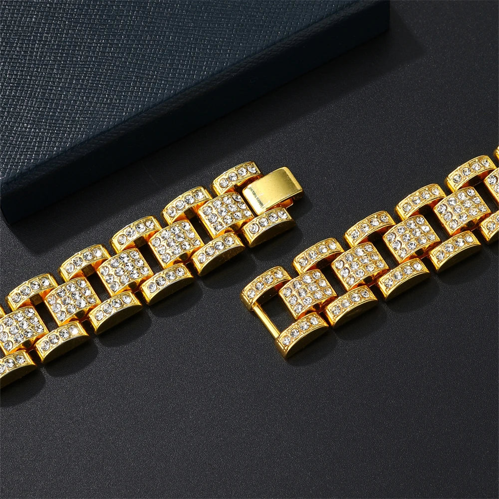 D&Z Hip Pop Full Iced Out CZ Stones Hand Watch Chain Bracelet For Men Rotating Leaves Bling Rhinestone Charm Hand Jewelry Gift