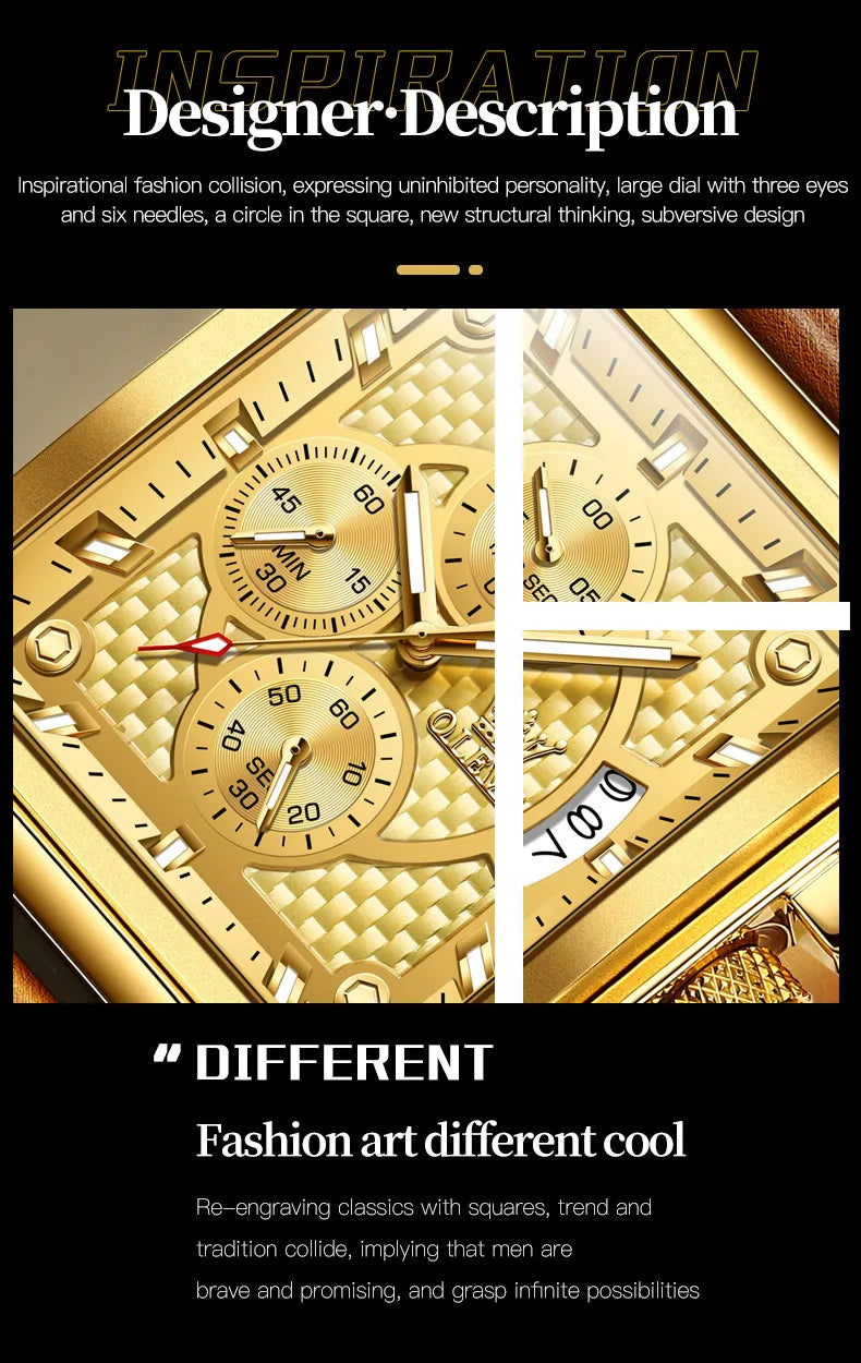 OLEVS Brand 9925 Men's Watches Gold Square Dial Quartz Male Watch Original Leather Strap Fashion Watch 30m Waterproof Top Ten - Uknowucme