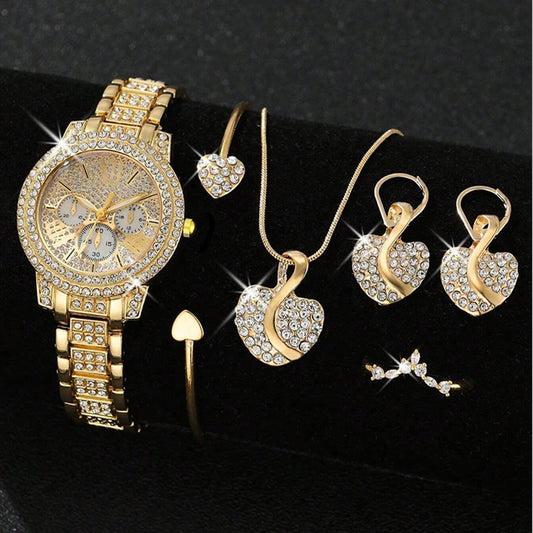 Women's Quartz Watch Gold Luxury Women Ring Necklace Earring Rhinestone Fashion Wristwatch Casual Ladies Watches Jewelry Set ﻿ - Uknowucme