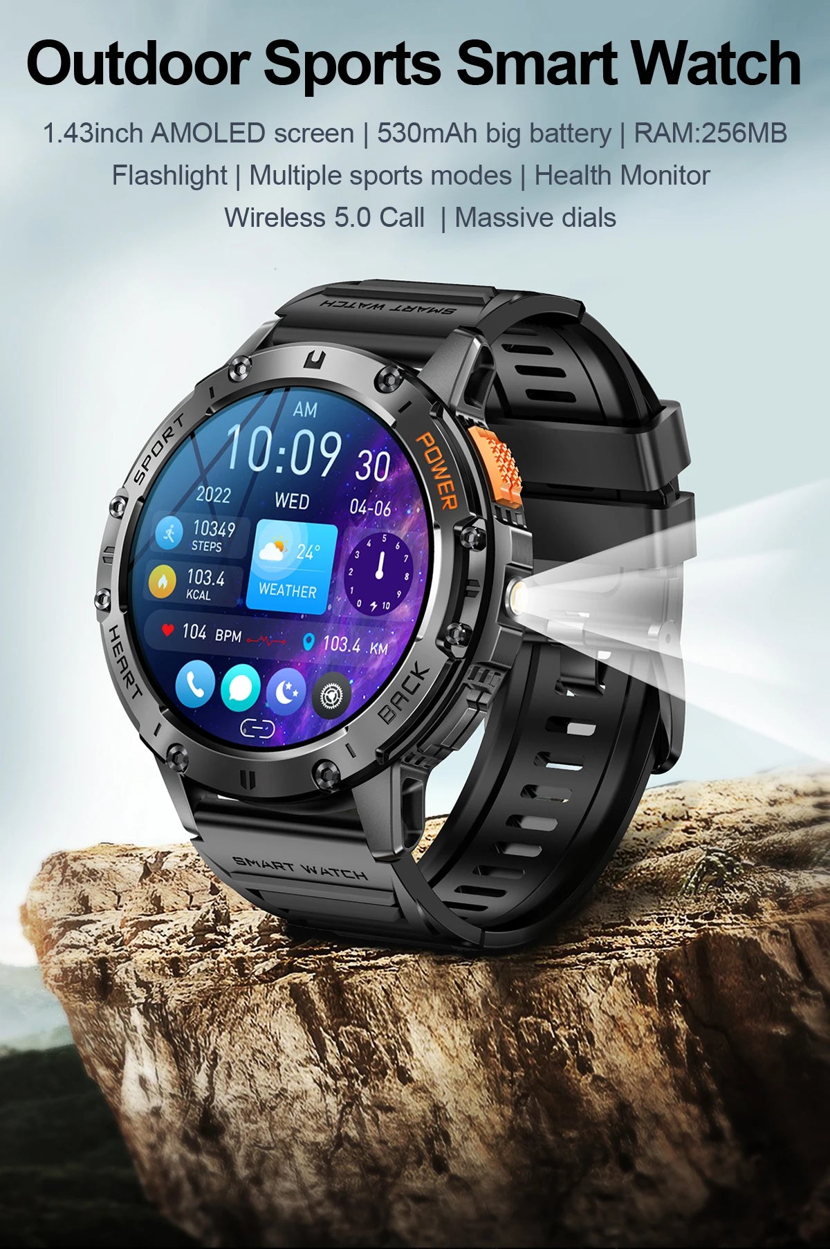 For Android ios New AMOLED Smart Watch Men with Flashlight Sports Waterproof Fitness Tracker Bluetooth Call Smartwatch Man+Box - Uknowucme