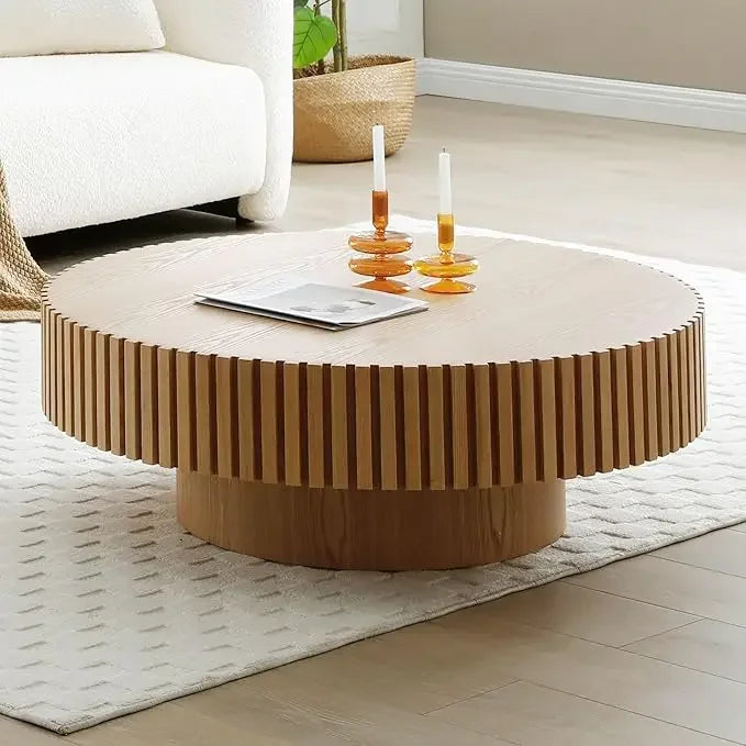 31.49" Round Coffee Table, Modern Luxury Wood Circle Drum Center Table for Living Room, Accent Side Table End Table for Living - Uknowucme