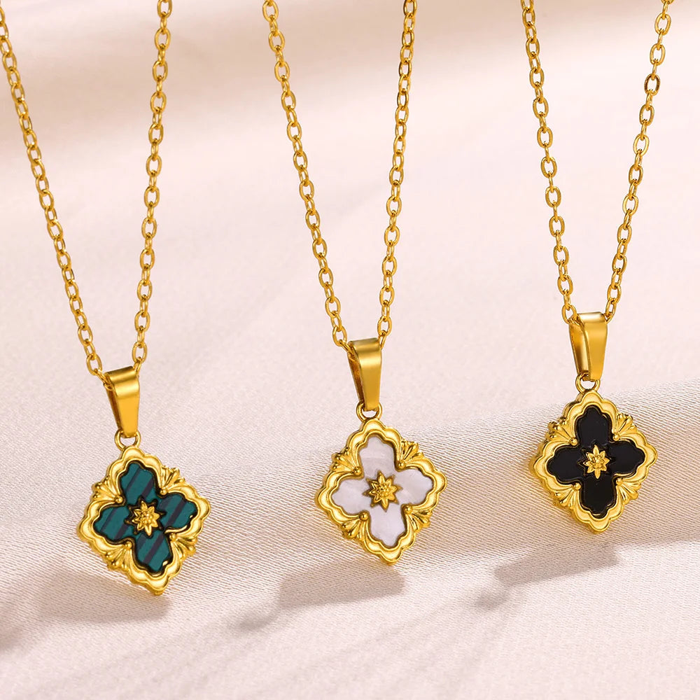 Stainless Steel Luck Clover Pendant Necklaces For Women Gold Color Chain Accessories Moon Round Necklace Square Cross Jewelry