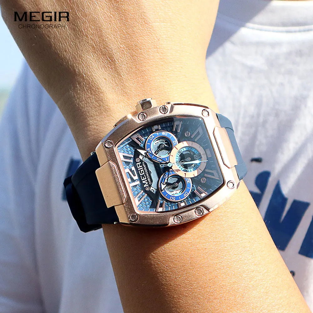 MEGIR Navy Blue Silicone Strap Sport Watch for Men Fashion Waterproof Chronograph Quartz Wristwatch with Luminous Hands Calendar - Uknowucme