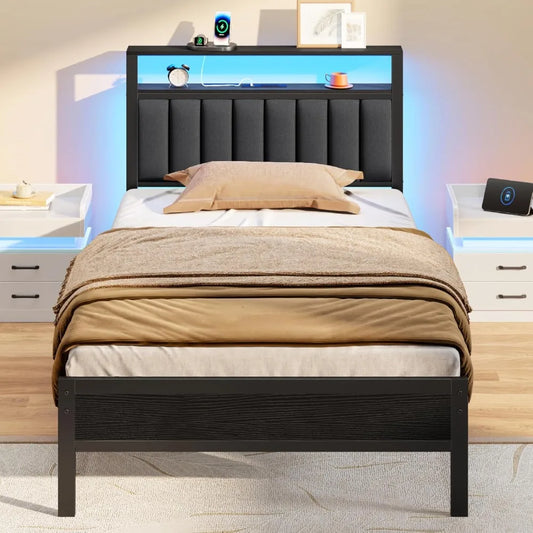 LED Queen Size Bed Frame with Charging Station&2-Tier Storage Shelves, Metal Slat&Upholstered Headboard, No Box Spring Needed - Uknowucme
