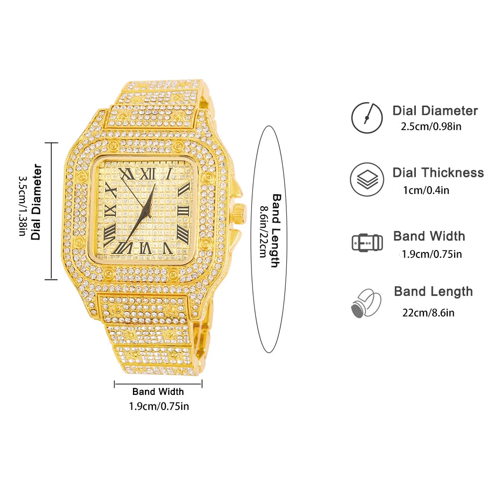 3pcs Men's Watch Set Hip-hop Punk Inlay Diamond Square Watch+Cuban Chain+Bracelet Comes With Strap Adjuster Stylish Jewelry Gift - Uknowucme