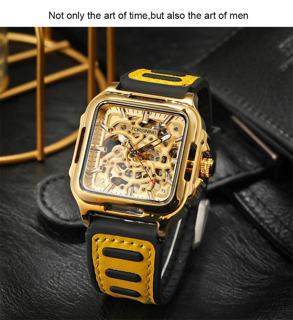 FORSINING Original Square Skeleton Mechanical Man Wristwatches Automatic Movement Field Sports Waterproof Silicone Replica Watch - Uknowucme
