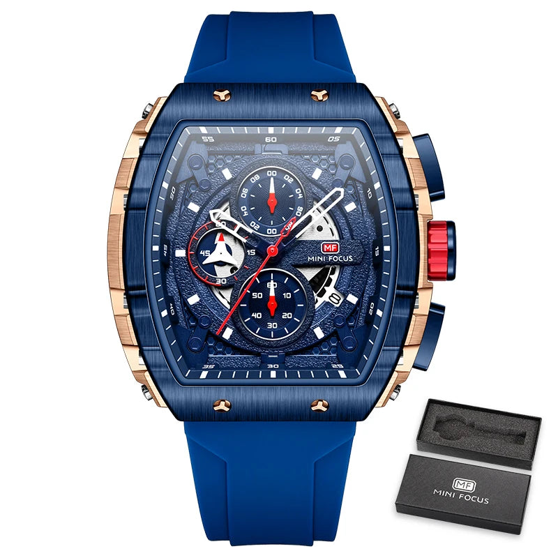 MINI FOCUS Chronograph Quartz Watch for Men Tonneau Dial Military Sport Wristwatch with Orange Silicone Strap Auto Date 0399 - Uknowucme