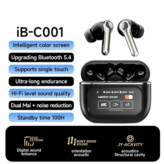 IB-C001 wireless Bluetooth headphone ANC TWS earphones LED touchscreen visible active noise cancellation earphone sportearbuds