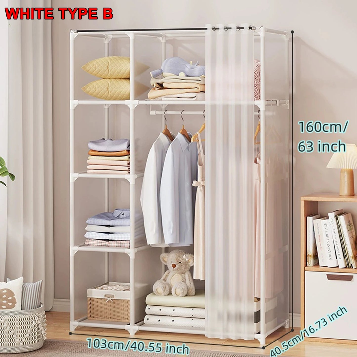 Wardrobe Rack Dustproof Cloth Closet Organizers Cabinet Large Capacity Heavy Duty Simple Assembly Bedroom Hanger Storage Shelves