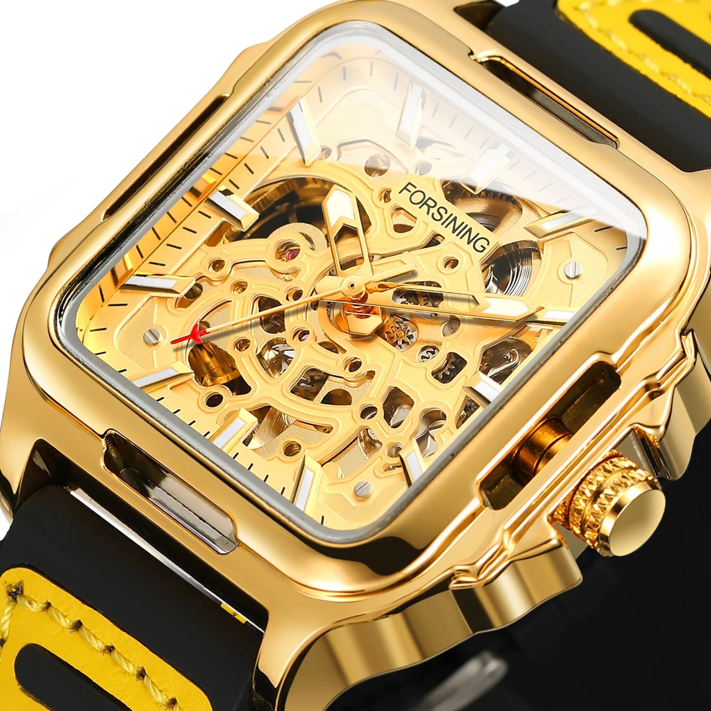 FORSINING Original Square Skeleton Mechanical Man Wristwatches Automatic Movement Field Sports Waterproof Silicone Replica Watch - Uknowucme