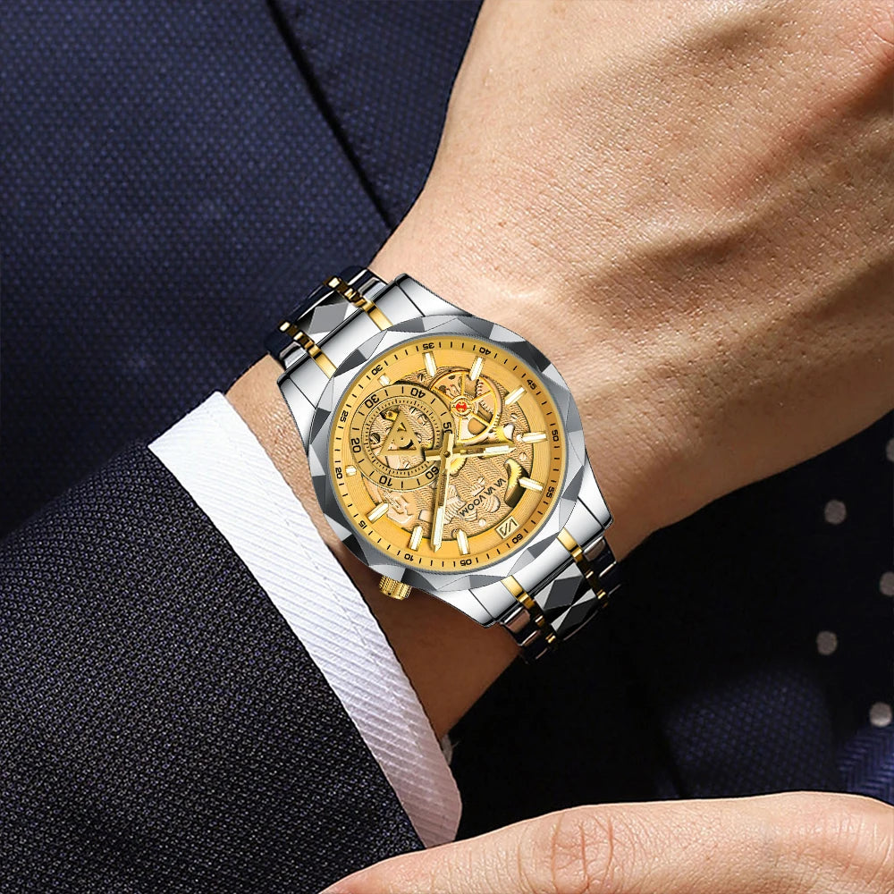 VA VA VOOM Stainless Steel Mens Quartz Watch With 41mm Hollowed Out Dial Quartz Movement Luminous Gold Luxurious Men Wristwatch - Uknowucme