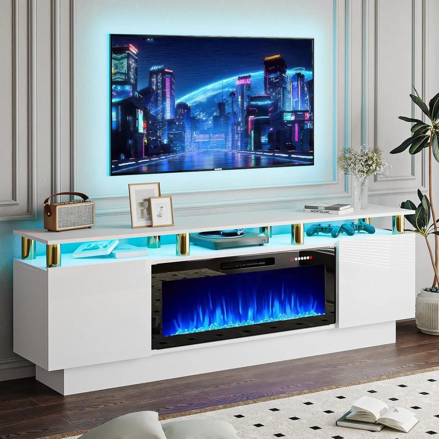 70" Modern Fireplace TV Stand with 36" Electric Fireplace for TVs Up to 80 inch, Luxury LED Light Entertainment Center