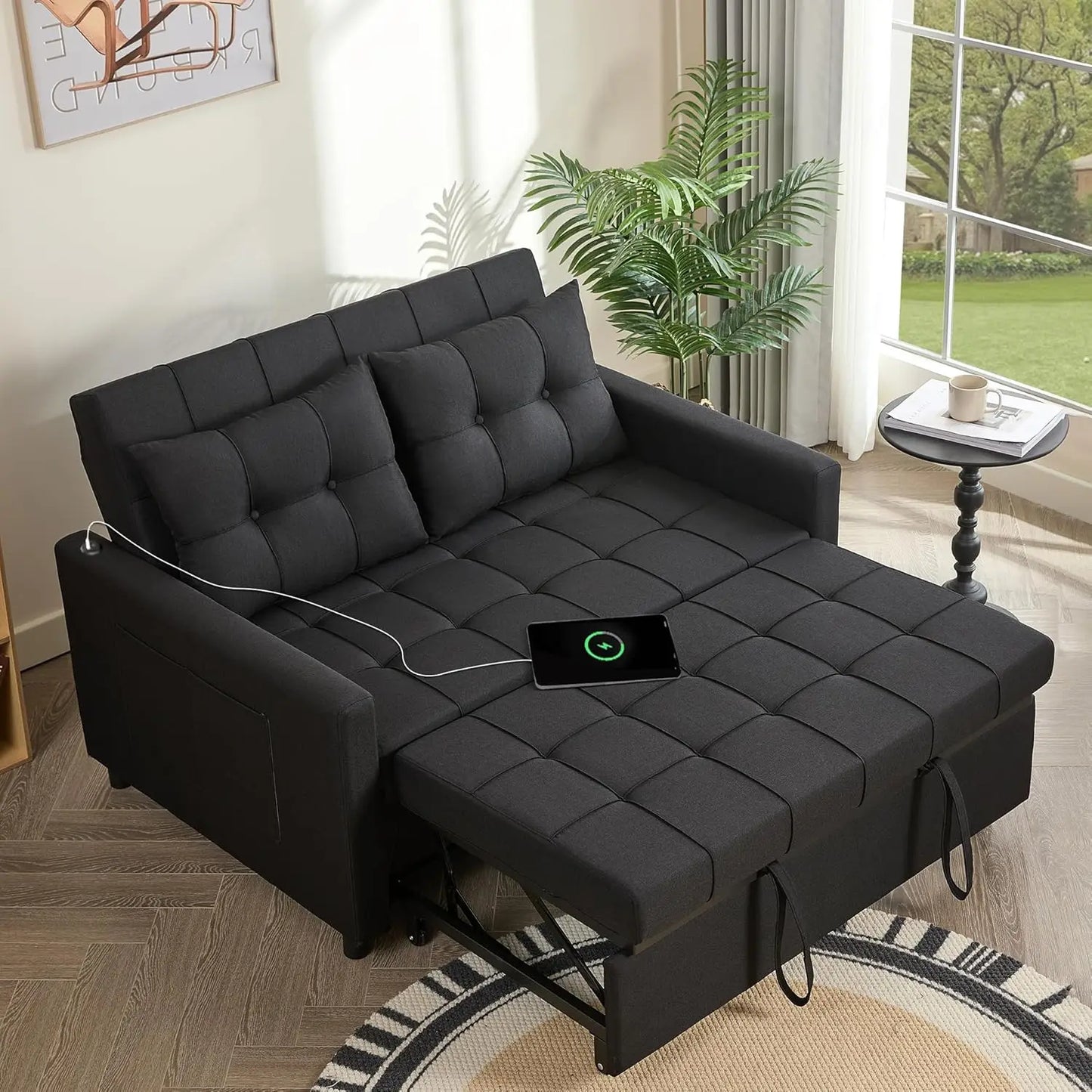52" Sleeper Sofa with Pull-Out Bed, 3-in-1 Convertible Sofa Bed, Loveseat with Stepless Adjustable Backrest and Side Pocket - Uknowucme