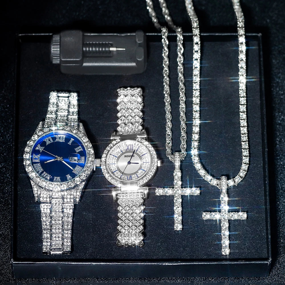 Stylish Hip-hop Couples Watch Jewelry Set Iced Out Punk Cross Pendant Necklace+Watch Men Women Luxury Party Gift Box Set