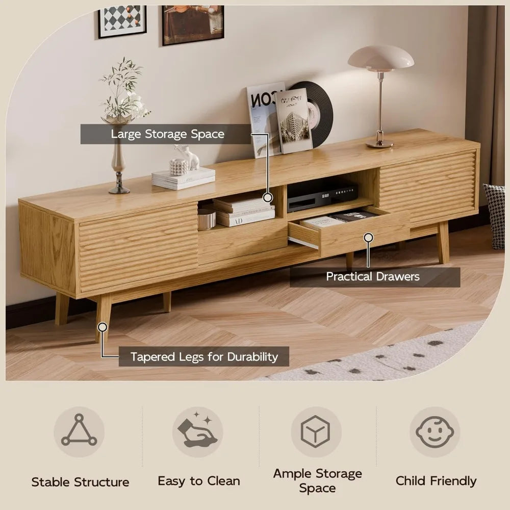 70" TV Console, Mid Century Modern Media Console for 55/65/75 Inch TV, Low Profile TV Stand with Fluted Sliding Doors, Boho Ligh