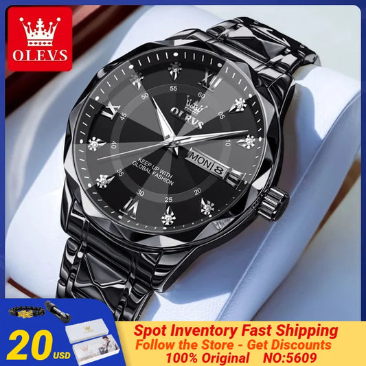 OLEVS 5609 Men's Watches Rhombus Design Black Stainless steel Calendar Week Waterproof Luminous Original Quartz Watches for Men