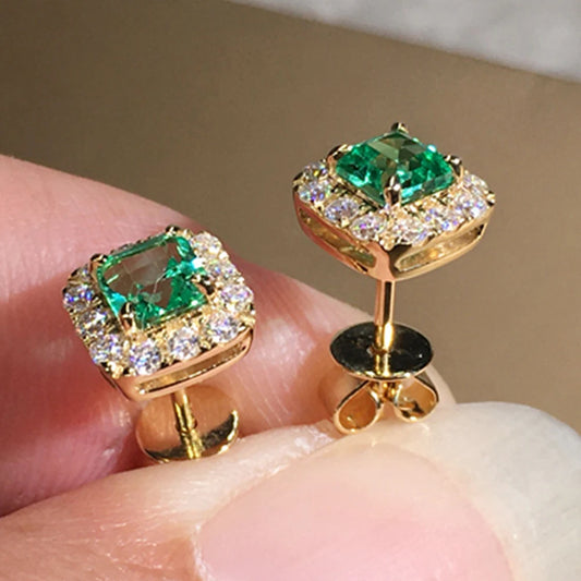 Huitan Eternity Green CZ Stud Earrings for Women Gold Color Luxury Bride Wedding Earrings Elegant Ear Accessories Party Jewelry - Uknowucme