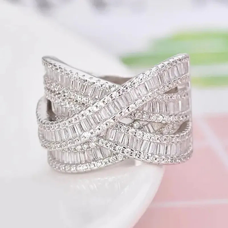 925 Sterling Silver Cross Rings Full Bling Iced Out Cubic Zirconia Gorgeous Wedding Band Accessories for Women Party Jewelry - Uknowucme