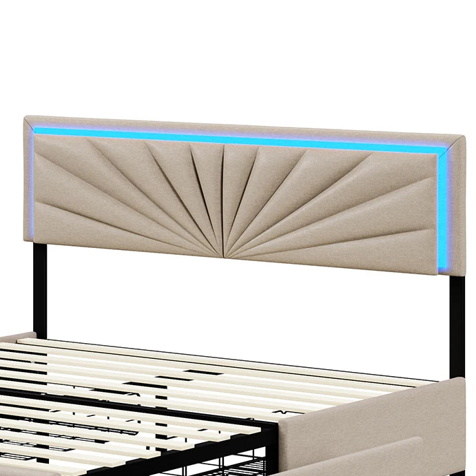 Double Bed, Upholstered Bed 160 x 200 cm, LED Bed Frame, Storage Bed with 4 Drawers and Slatted Frame, Headboard, Youth Bed - Uknowucme